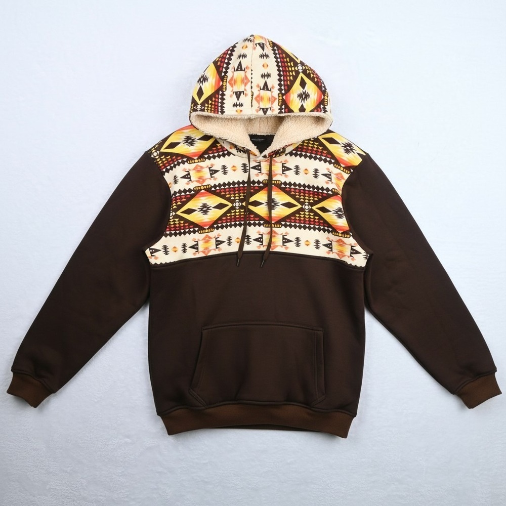 Nativa Hoodie Mens XL Brown Aztec Tribal Print Sherpa Lined Hood Pullover